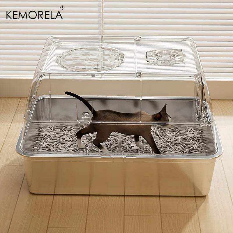 KEMORELA XL Stainless Steel Cat Litter Box – Extra Large Enclosed Litter Box with High Sides & Removable Scoop for Big Cats