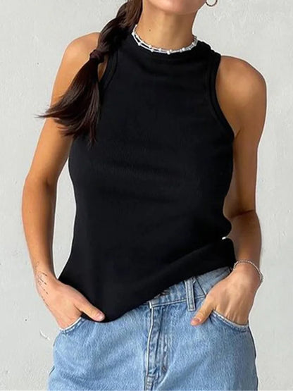 Ribbed Knit Summer Tank Top - Women's Casual Off-Shoulder Basic Vest Shirt
