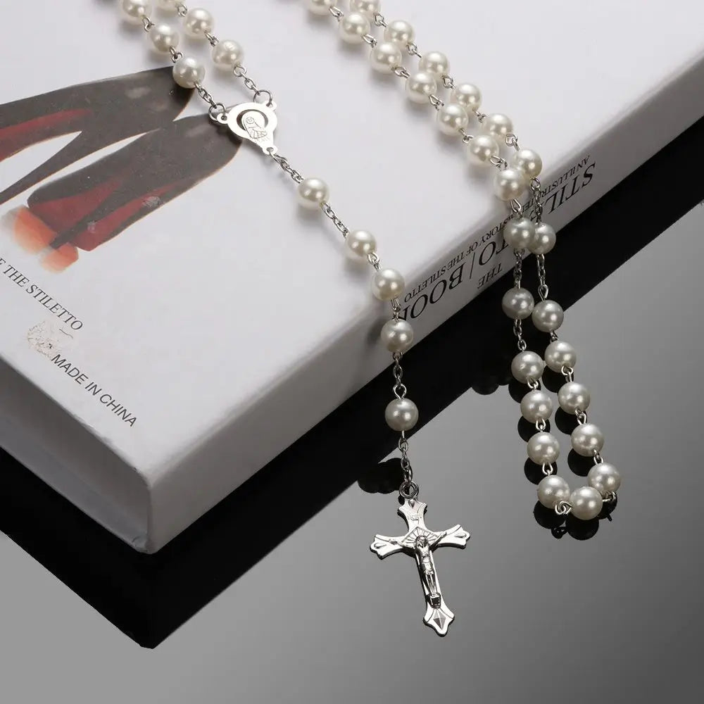 Vintage Crucifix Cross Necklace – Jesus Rosary Beads Chain with Virgin Mary Pendant Religious Jewelry Charm for Men & Women