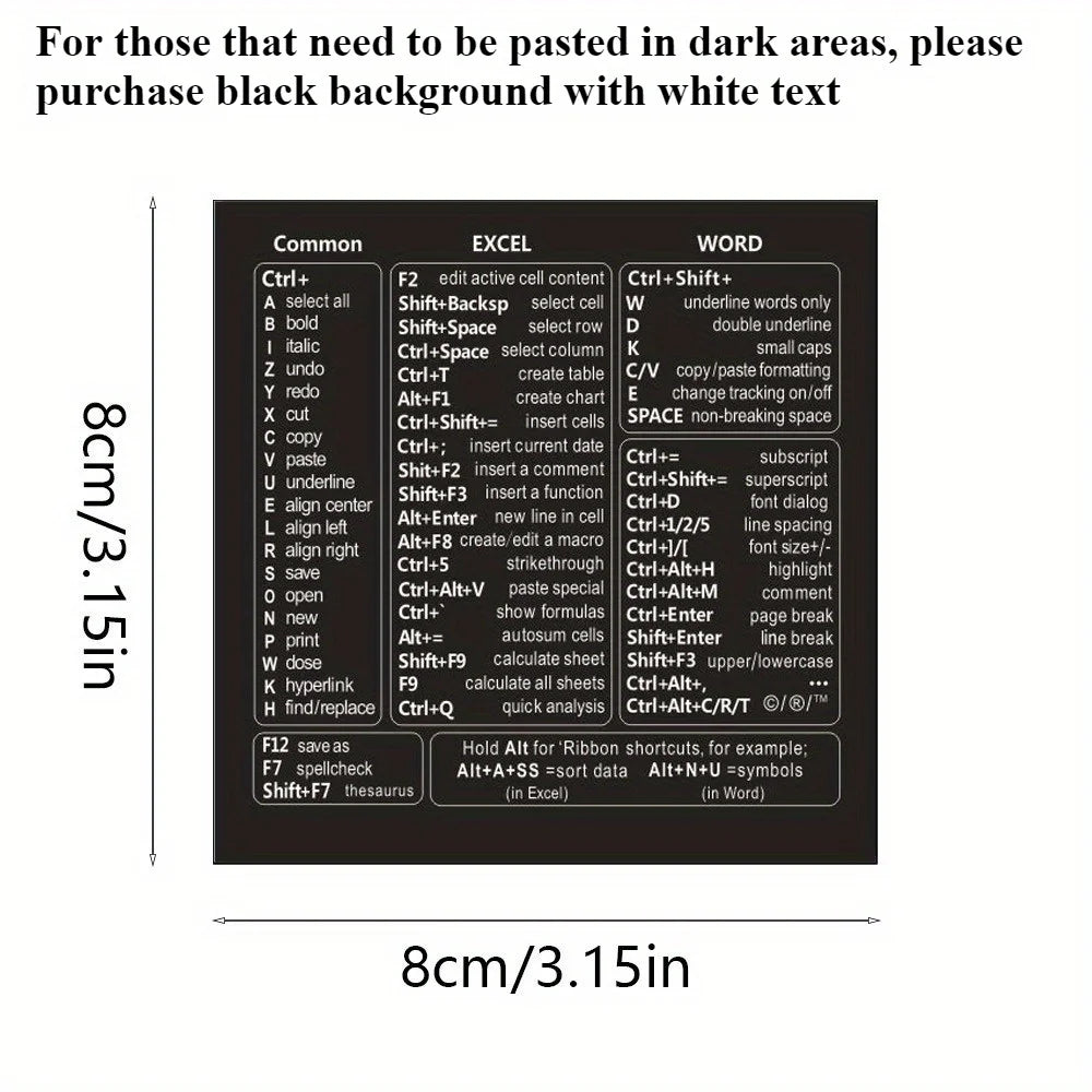 Keyboard Shortcut Stickers - Self-Adhesive Quick Reference Labels for Windows, Excel & Word