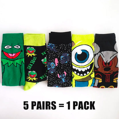 Cartoon Anime Crew Socks - 5 Pairs Unisex Hip Hop Street Style Novelty Casual Socks for Men and Women