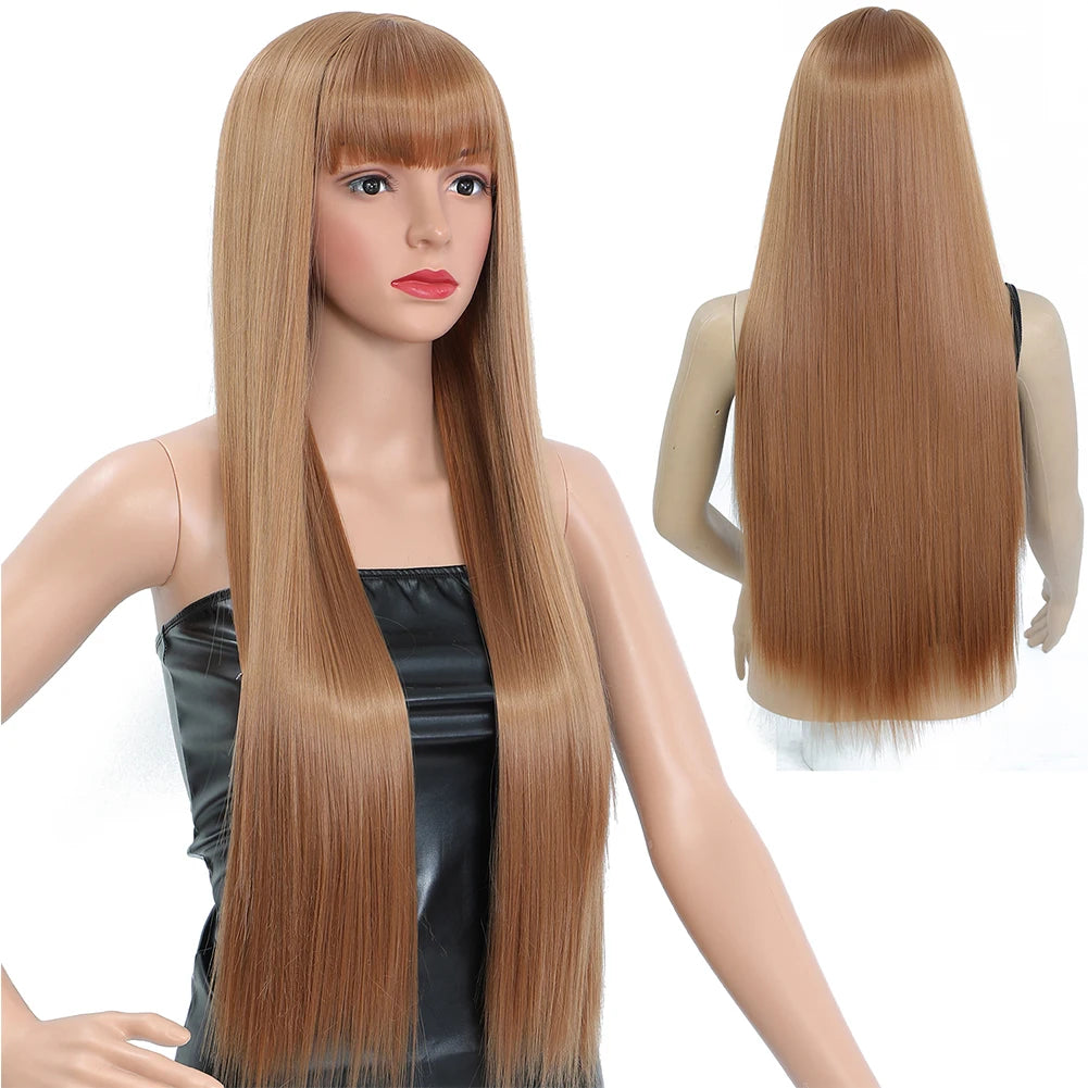 Long Straight Black Wig with Bangs - Synthetic, Heat-Resistant Hair for Women - Lolita Red Pelucas for Daily Wear and Cosplay