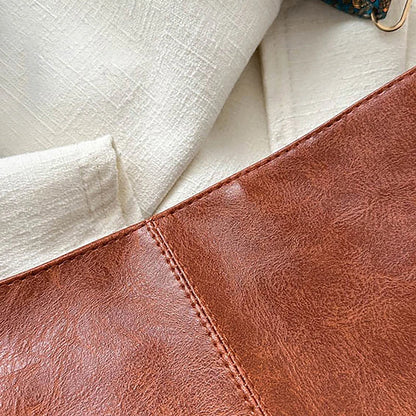 Wide Geometric Strap Shoulder Bag - Large Capacity Crossbody PU Leather Bag for Women, Retro Style for Shopping and Travel