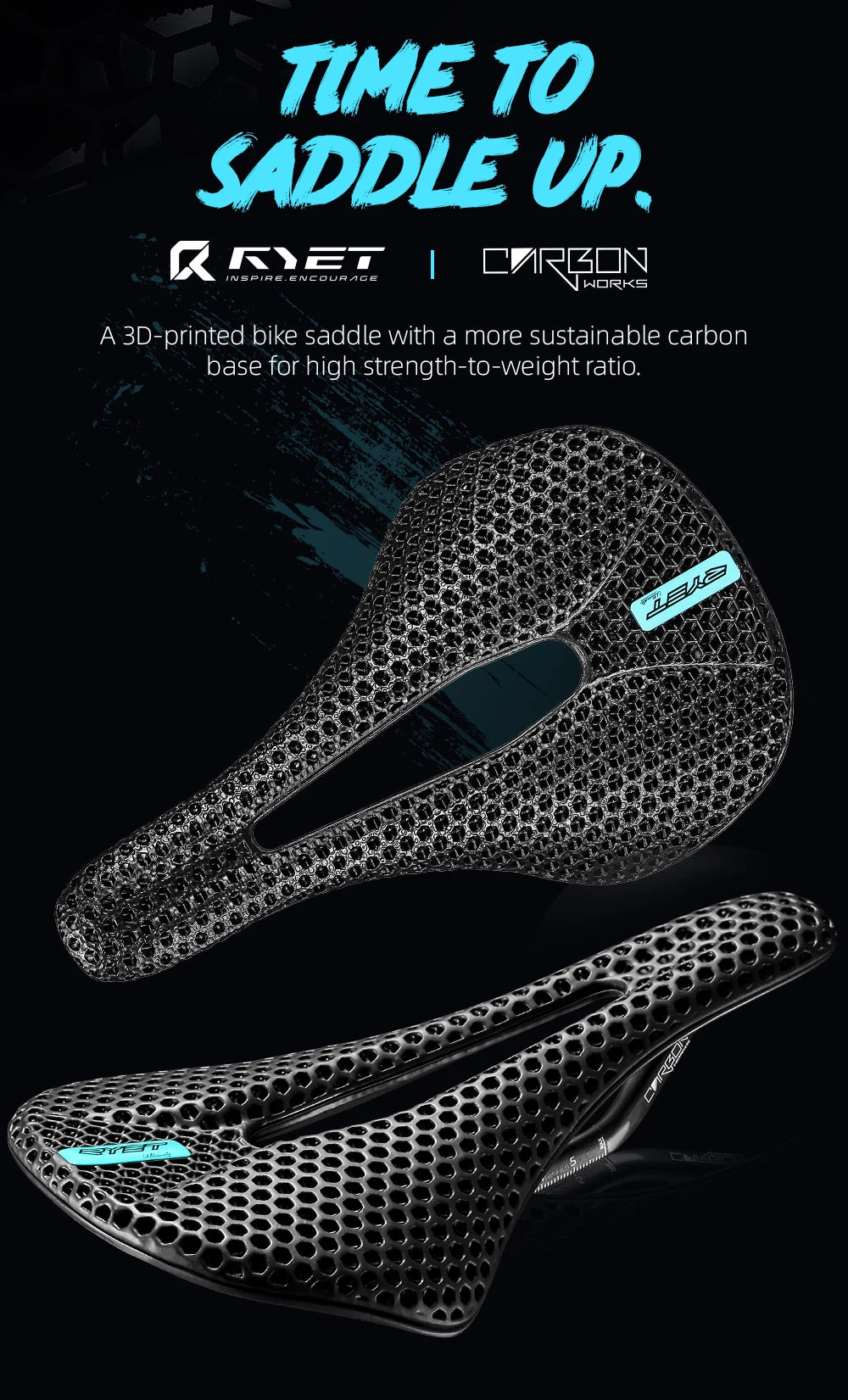 RYET 3D Printed Carbon Bike Saddle — 140/143mm Lightweight Road & MTB Cycling Seat with EVA Cushion