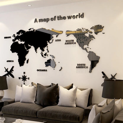 3D Acrylic World Map Wall Stickers – Three-Dimensional Mirror Decals for Bedroom & Office Decoration