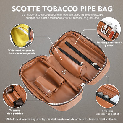 Scotte PU Leather Tobacco Pipe Bag – Portable Case for 2 Pipes with Smoking Accessories