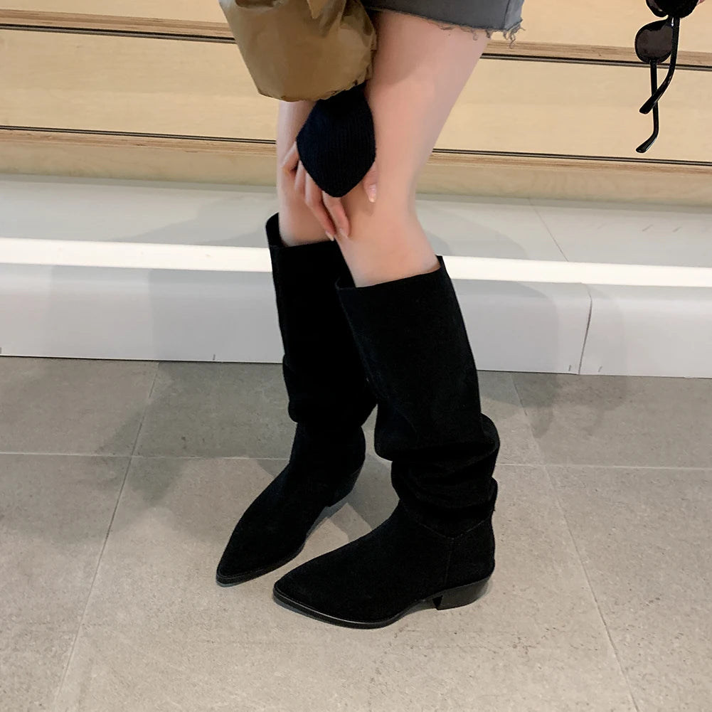 2025 Women's Knee-High Suede Boots – Retro Pointed Toe, Square Heel Slip-On