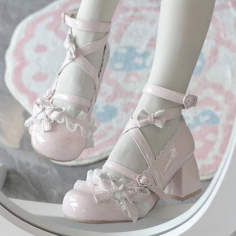 Lolita Red High Heels – Cute Lace Mary Jane Pumps for Women, Patent Leather Thick Heel Shoes