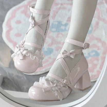 Lolita Red High Heels – Cute Lace Mary Jane Pumps for Women, Patent Leather Thick Heel Shoes