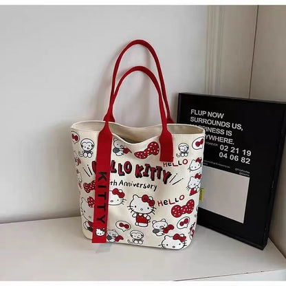 Kawaii Sanrio Hello Kitty Canvas Shoulder Bag – Large Capacity Cute Backpack Schoolbag Handbag Gift for Girls Birthday & Daily Use