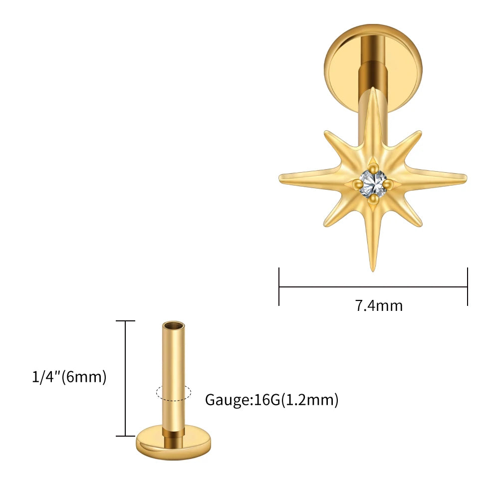 Right Grand ASTM F136 Titanium CZ North Star 16G Flat Back Earring – Tiny Starburst Helix, Cartilage & Earlobe Stud Piercing Jewelry