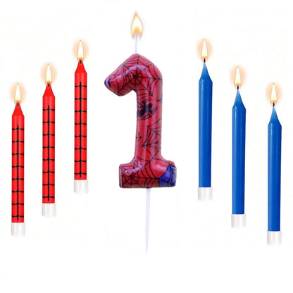 7Pcs Spider-Themed Number 4 Birthday Candles – Red & Blue Cartoon Cake Topper Decorations for Kids Party Supplies