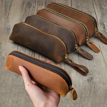 Vintage Leather Pencil Bag – Simple Zipper Pen Case & Stationery Holder Pouch for School Supplies, Glasses & Storage