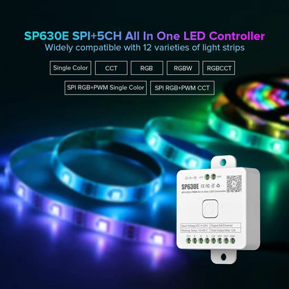 SP630E All-in-One LED Controller 5CH PWM SPI, RGB/RGBW/CCT Music Sync Bluetooth, Compatible with WS2812B WS2811 SK6812 FCOB 5050 5V–24V LED Strip