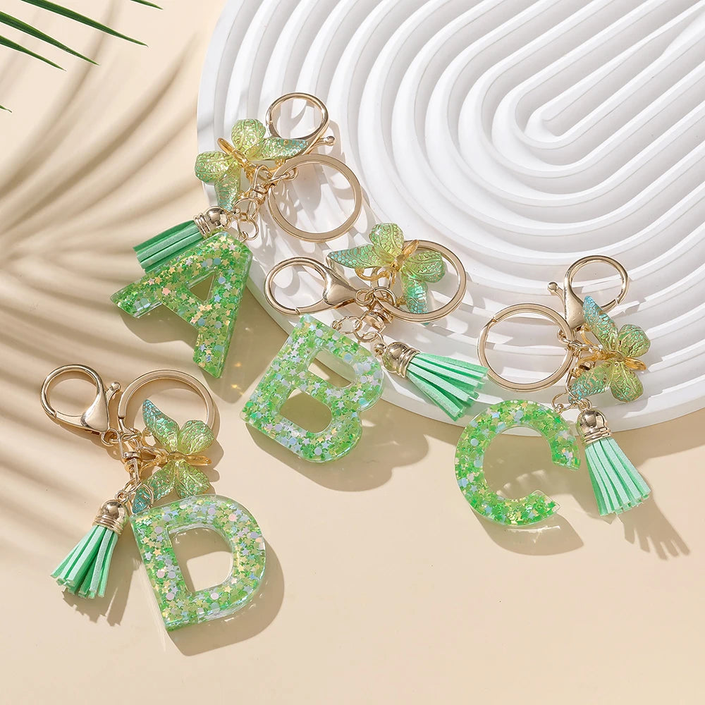 A-Z Initial Letter Resin Keychain - Green Butterfly Lobster Key Ring & DIY Charm