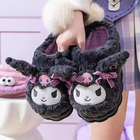 Kuromi Cotton Slippers for Women — Cute Cartoon Anti-Slip Home Shoes, Thickened Autumn & Winter Footwear