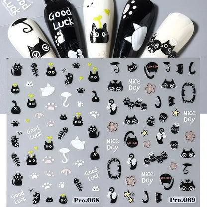 2PCS 3D Black Cat Nail Stickers - Cute Cartoon Self-Adhesive Nail Art Decals for Manicure