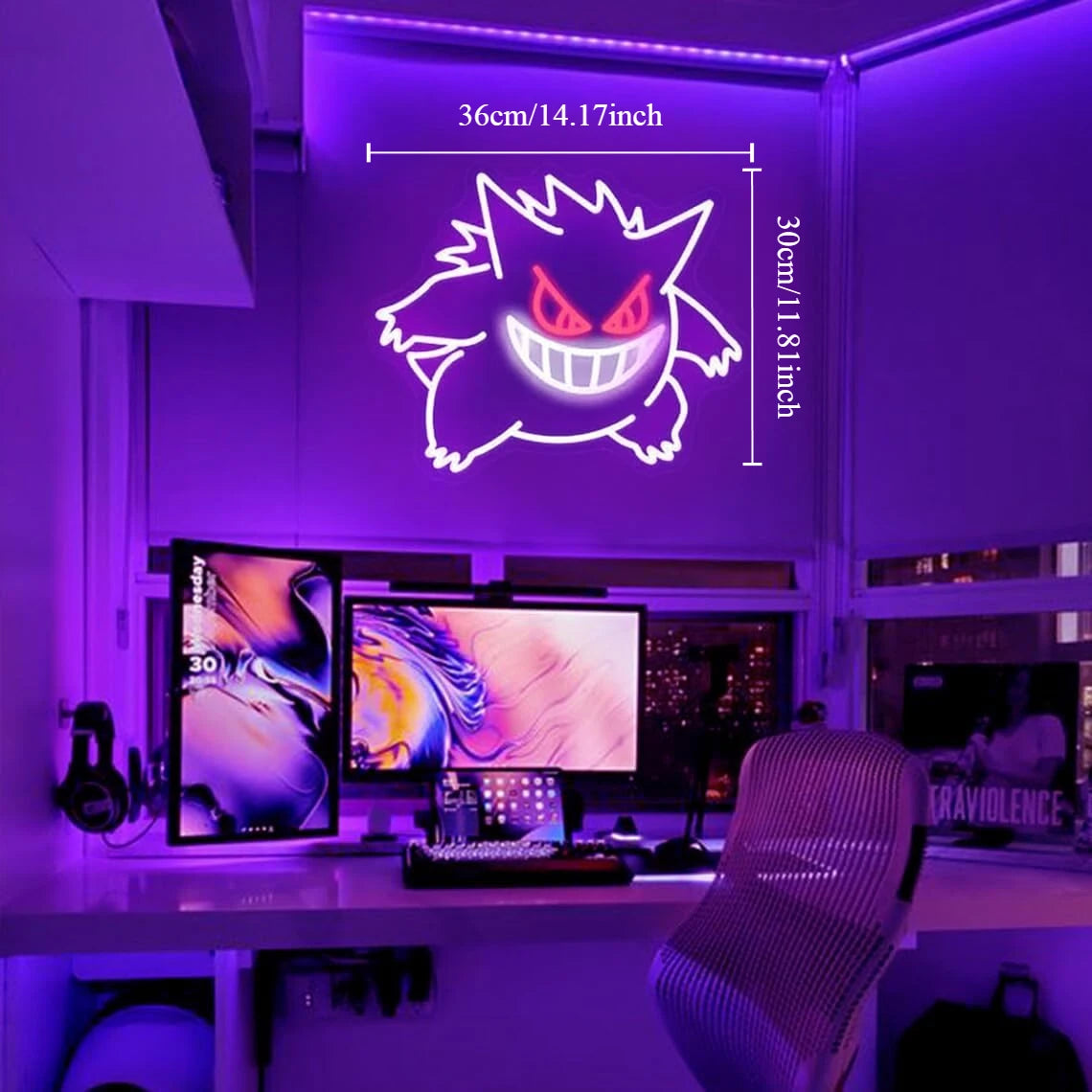 Gengar LED Neon Sign — Dimmable USB Wall Light for Gaming Room & Anime Fans