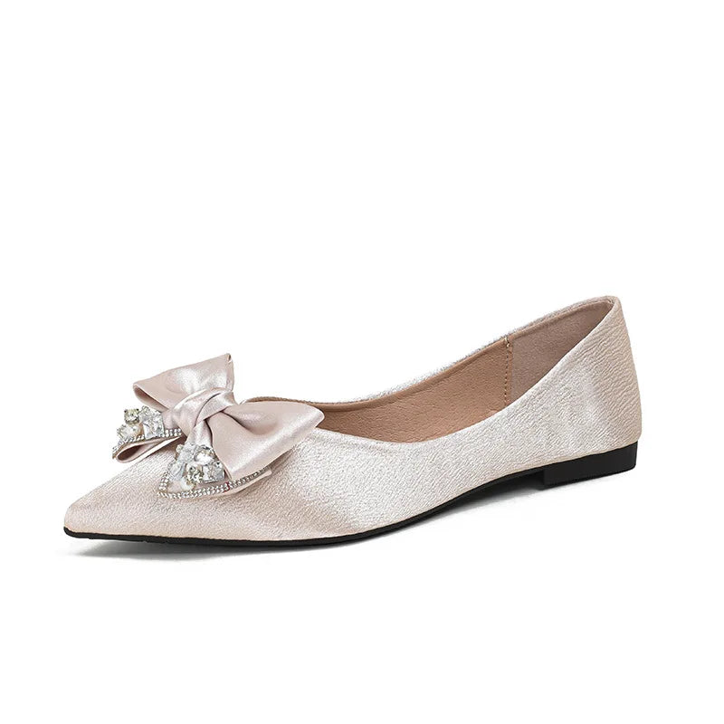 Women’s Luxury Rhinestone Bow Flats – Pointed Toe Champagne Silk Ballet Shoes, Big Size 41-43, Elegant Wedding Footwear