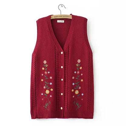 Plus Size Women's Embroidered Hollow Knit Sweater Vest – V-Neck Cardigan, Casual Autumn Fashion, E2 3023