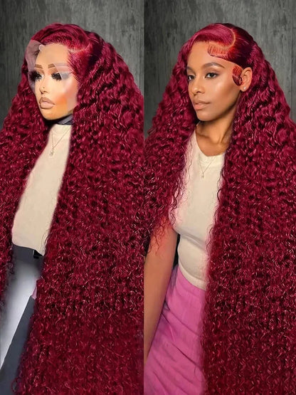 Deep Wave 99J Burgundy Lace Front Wig – 13x6 Lace Frontal Human Hair Wig, 13x4 Transparent Brazilian Colored Water Wave Wig