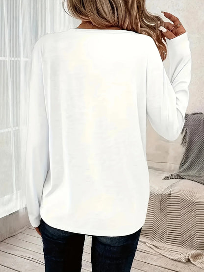 Women's Letter Print Warm Base Layer - Autumn & Winter Cross Printed T-shirt, Casual Round Neck Long Sleeve Top