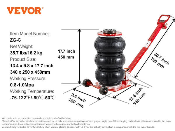 VEVOR Pneumatic Air Jack – 3 Ton/5 Ton Triple Bag Quick Lift Heavy Duty Car Repair Jack with Folding Rod & Two Wheels