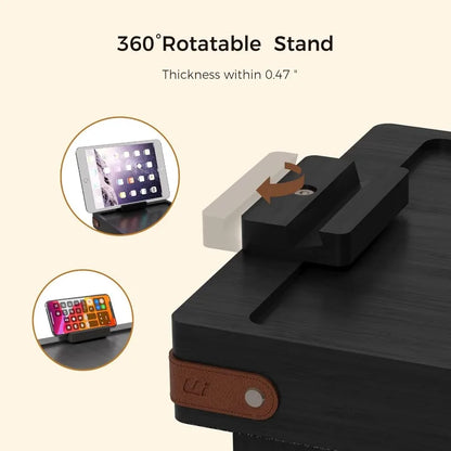Black Sofa Armrest Tray with Storage Box – Couch Arm Table with 360° Rotating Top & Phone Stand