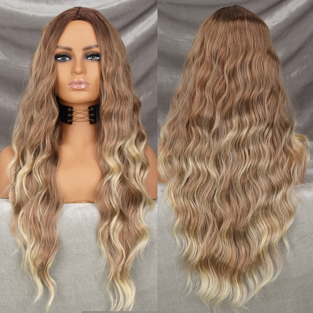 Long Wavy Green Synthetic Wig – Heat-Resistant Women's Cosplay, Party, Lolita Style, Half Part, Red/Black/Pink