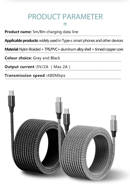 Type-C to Type-C PD 60W Fast Charging & Data Cable — 3M/5M/8M/10M Extension for iPhone 15 Pro Max, Huawei, Xiaomi, Samsung