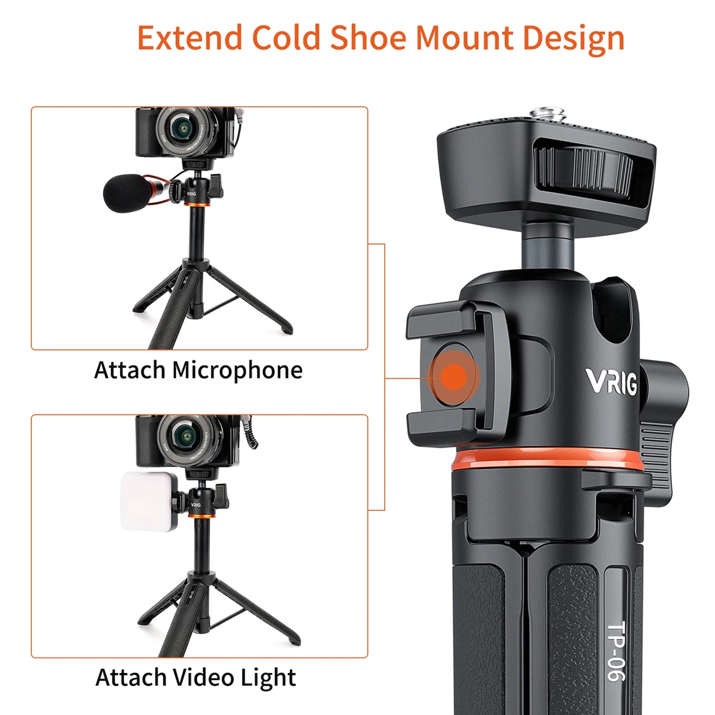 VRIG TP-08 TP-06 Tripod Stand Selfie Stick – Aluminum Alloy with 1/4 Inch Screw, Cold Shoe Mount & 360° Rotation, 1.5kg Load Capacity