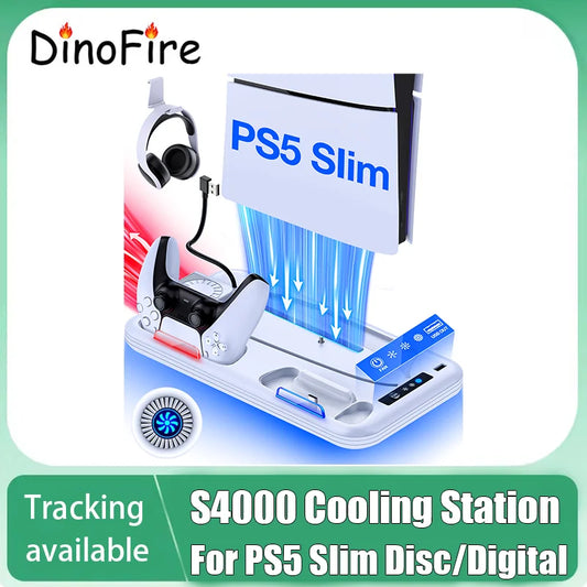 DinoFire PS5 Slim Cooling & Charging Stand – Vertical Fast Controller Charging Station for Disc & Digital PlayStation 5 Console