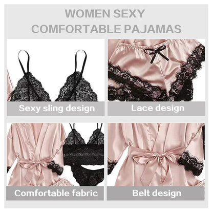 4 Piece Women's Sleepwear Pajama Set – Sexy Lace Lingerie, Silk Satin Bathrobe, Nightwear Robe for Home Clothed Comfort