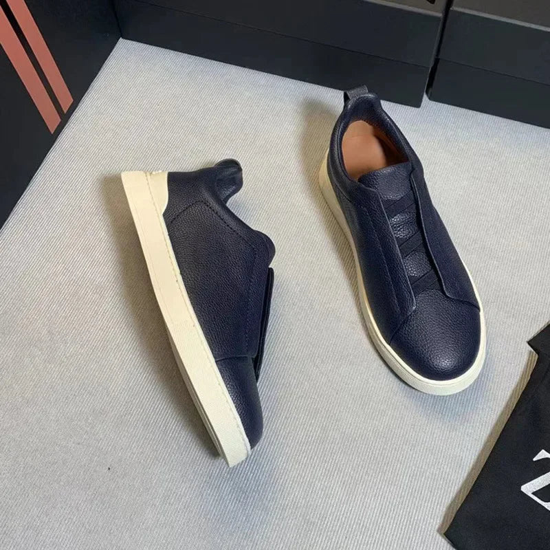 Men's Summer Casual Shoes — Top Layer Cow Leather, Breathable Luxury Deer Skin Slip-On Sneakers