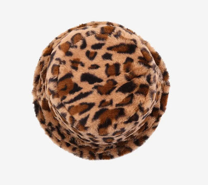 Women’s Winter Leopard Print Fisherman Hat – Versatile Plush Bucket Hat, Warm Pot-Style Headwear