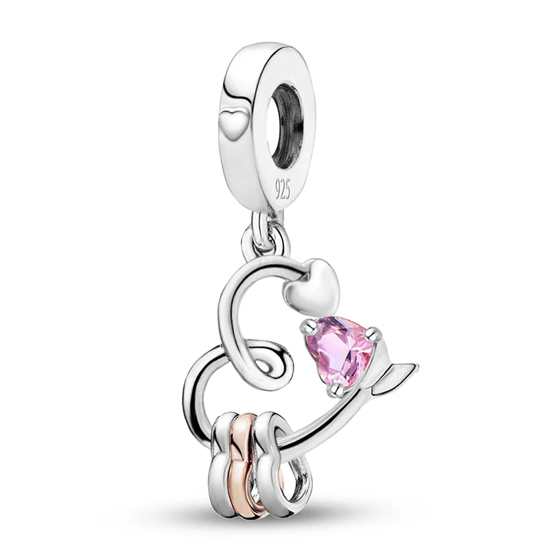 925 Sterling Silver Pink Heart Charm - Zircon Love Pendant Bead for DIY Bracelets, Bangles & Women’s Jewelry