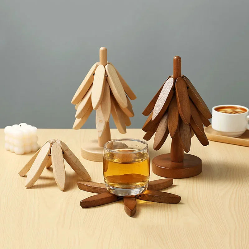 4PCS Bamboo Wooden Tree Design Table Mat Coasters — Heat Resistant Decorative Pot Trivets