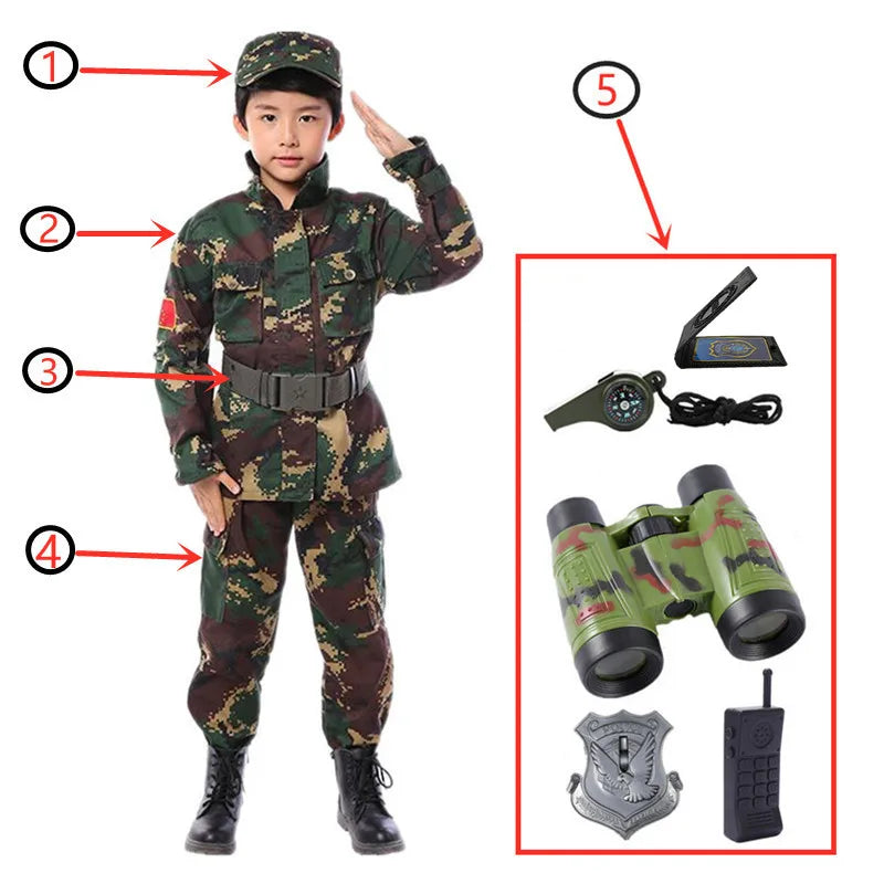 Kids Soldier Costume – Army Camouflage Party Outfit for Boys with Pistol, Compass & Whistle