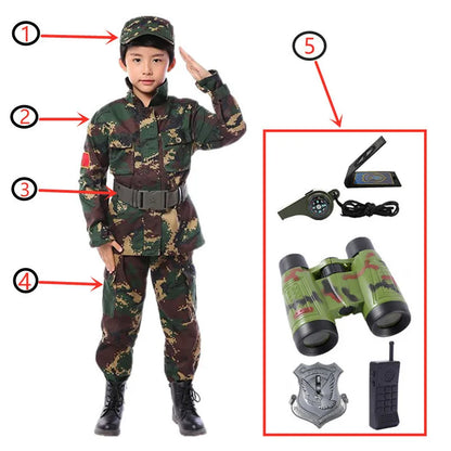 Kids Soldier Costume – Army Camouflage Party Outfit for Boys with Pistol, Compass & Whistle