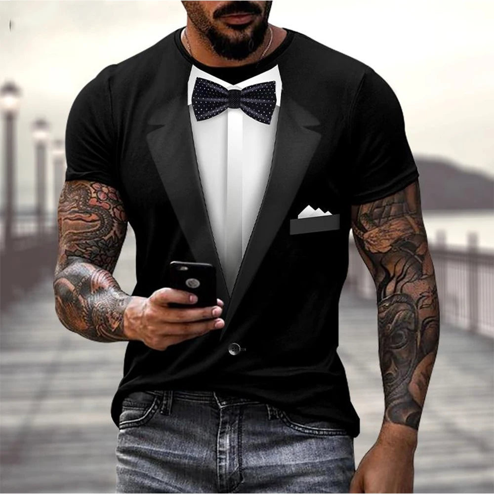 3D Fake Suit T-Shirt - Funny Tailcoat & Bow Graphic Summer Casual Tee
