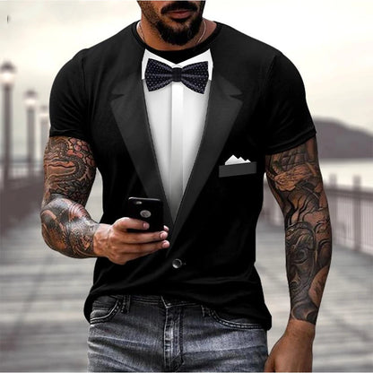 3D Fake Suit T-Shirt - Funny Tailcoat & Bow Graphic Summer Casual Tee