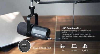 FDUCE SL40+ USB/XLR Dynamic Microphone Kit with Headset Output, Sound Insulation & Arm Stand for PC, PS5/PS4, and Mixers