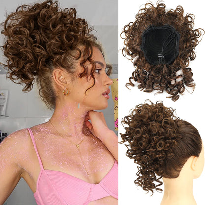 Synthetic Messy Bun Hair Piece – 60g Elastic Drawstring Curly Wave Hair Bun Extension for Women (Dark Brown)