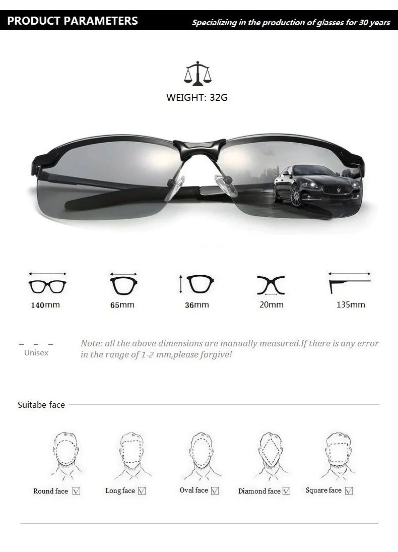 Photochromic Polarized Sunglasses for Men – Color-Changing Driving Glasses for Day & Night Vision