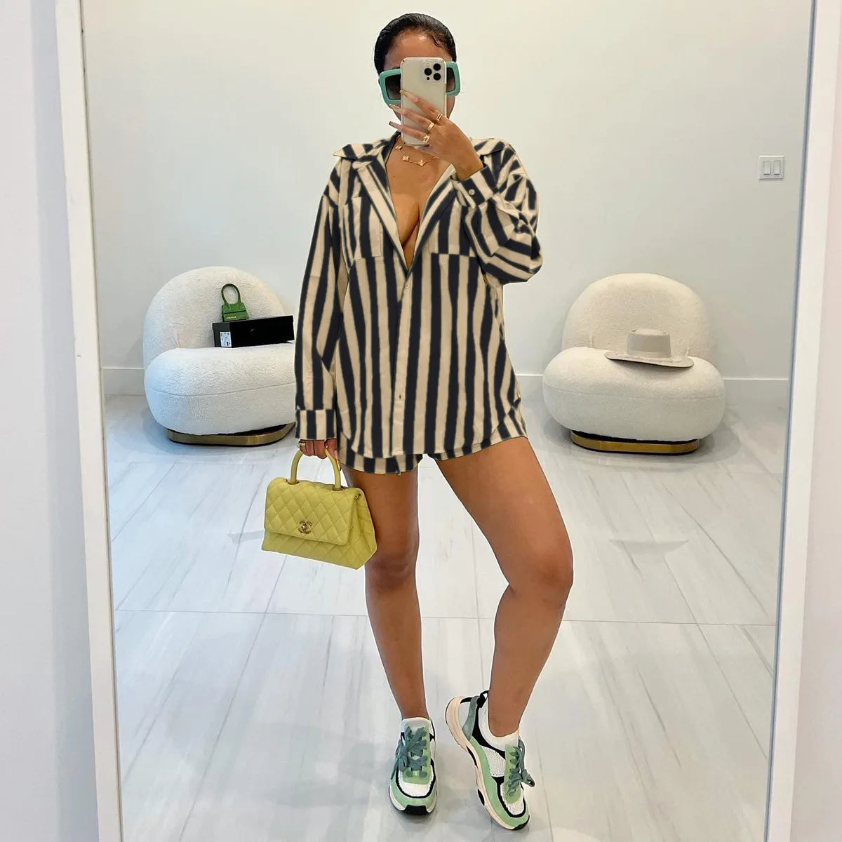 2025 Women’s Casual Striped Shorts & Long Sleeve Shirt Set – Spring Summer Office & Vacation Outfit