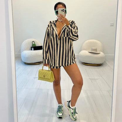 2025 Women’s Casual Striped Shorts & Long Sleeve Shirt Set – Spring Summer Office & Vacation Outfit