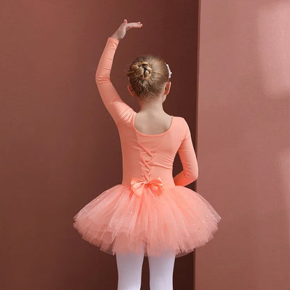 Girls Ballet Tutu Dress — Kids Short & Long Sleeve Tulle Leotard with Bowknot for Dance, Gymnastics & Party