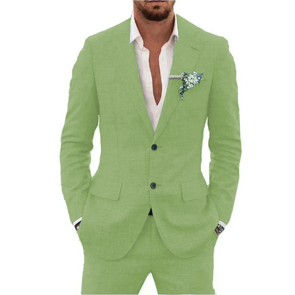 Men's Linen Suit Set - Slim Fit Notched Lapel 2 Piece Wedding & Beach Tuxedo Outfit For Summer Casual Formal Wear
