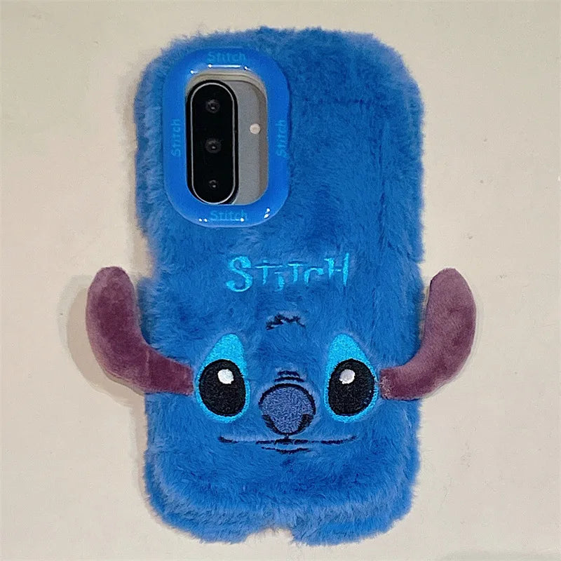 Cute Cartoon Stitch Plush Phone Case with Lens Holder – Shockproof Cover for Samsung Galaxy S23/S24/S25 Plus Ultra A56