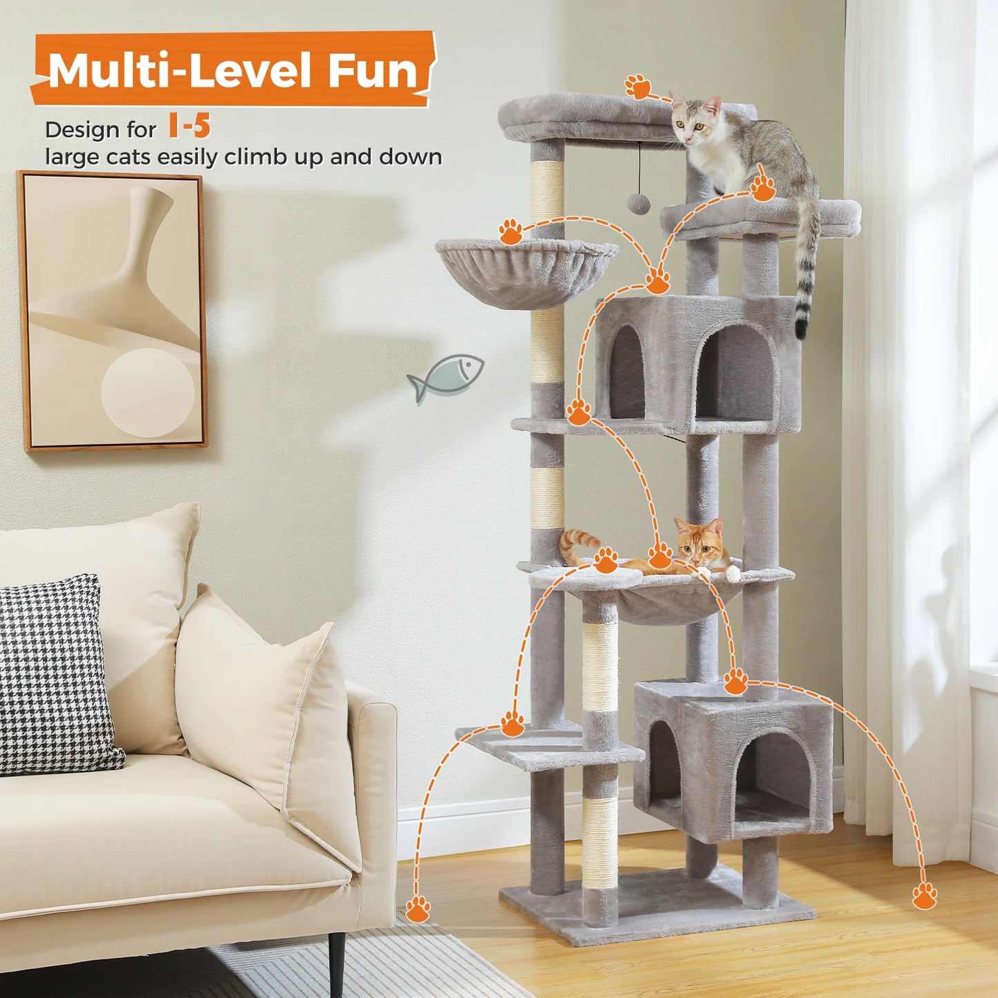 Large Cat Tree Tower – Multi-Level Plush Indoor Cat Condo with Scratching Posts, Boards, Perches & Caves